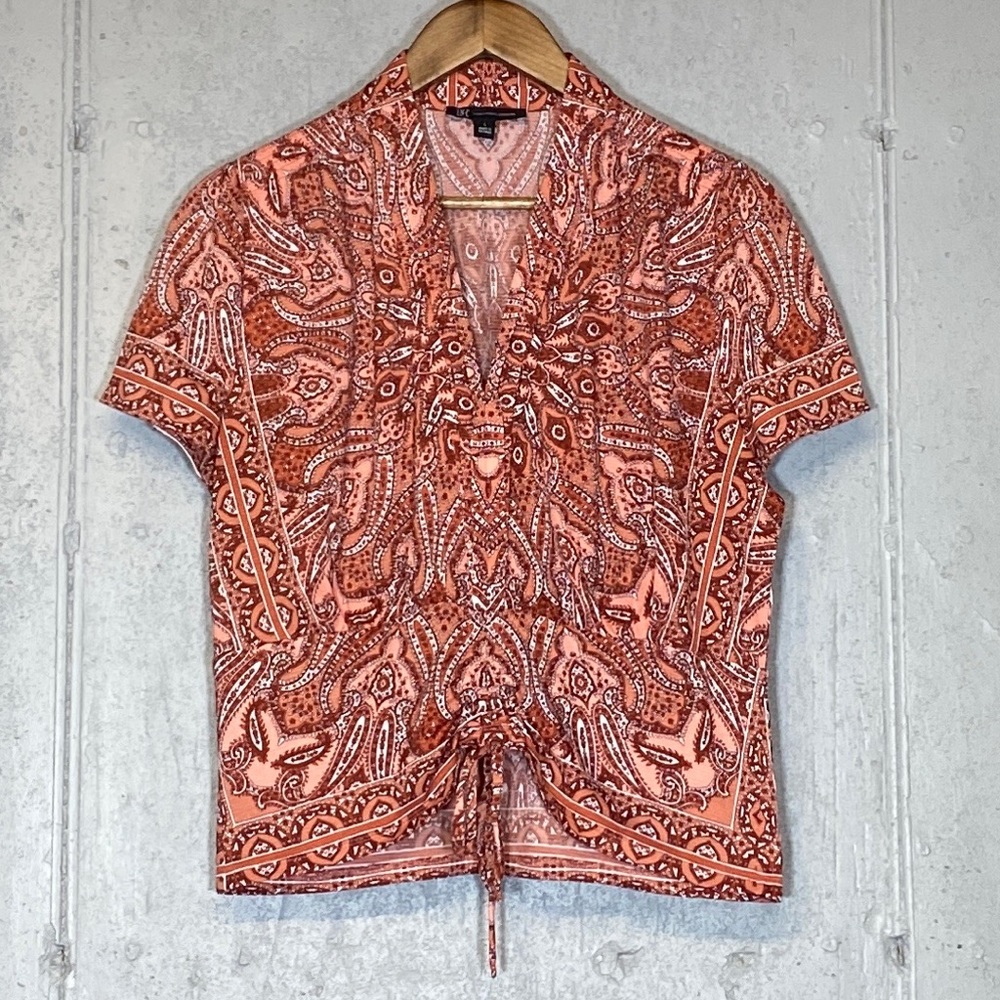 Women's Ruched-Front Red & Peach Short-Sleeve Top